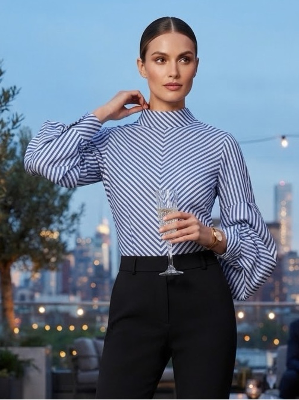 Striped High-Neck Puff-Sleeve Blouse in Blue and White - Picture 2 of 4